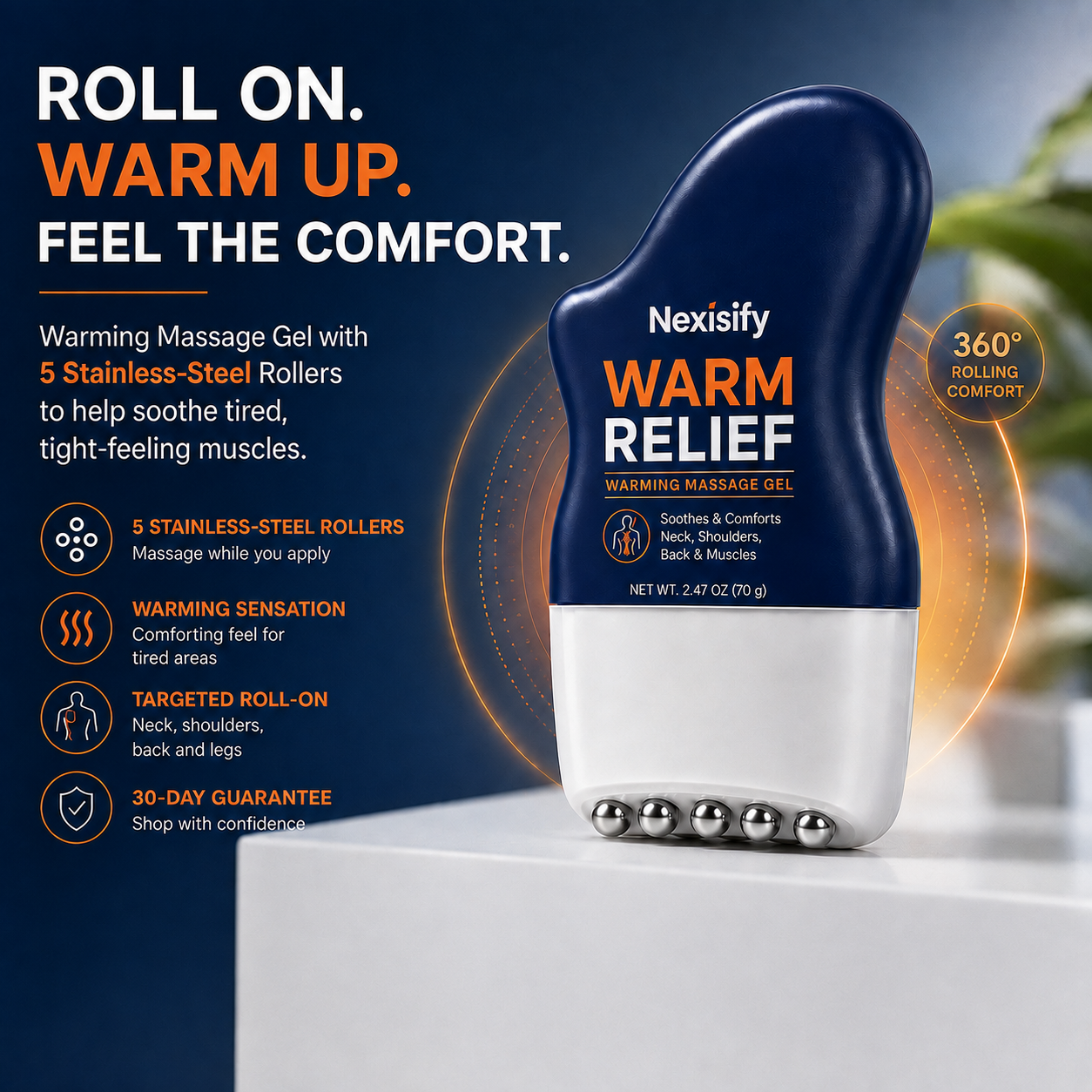 Nexisify® WARM RELIEF 3-in-1 Warming Massage Gel + 360° Roller
