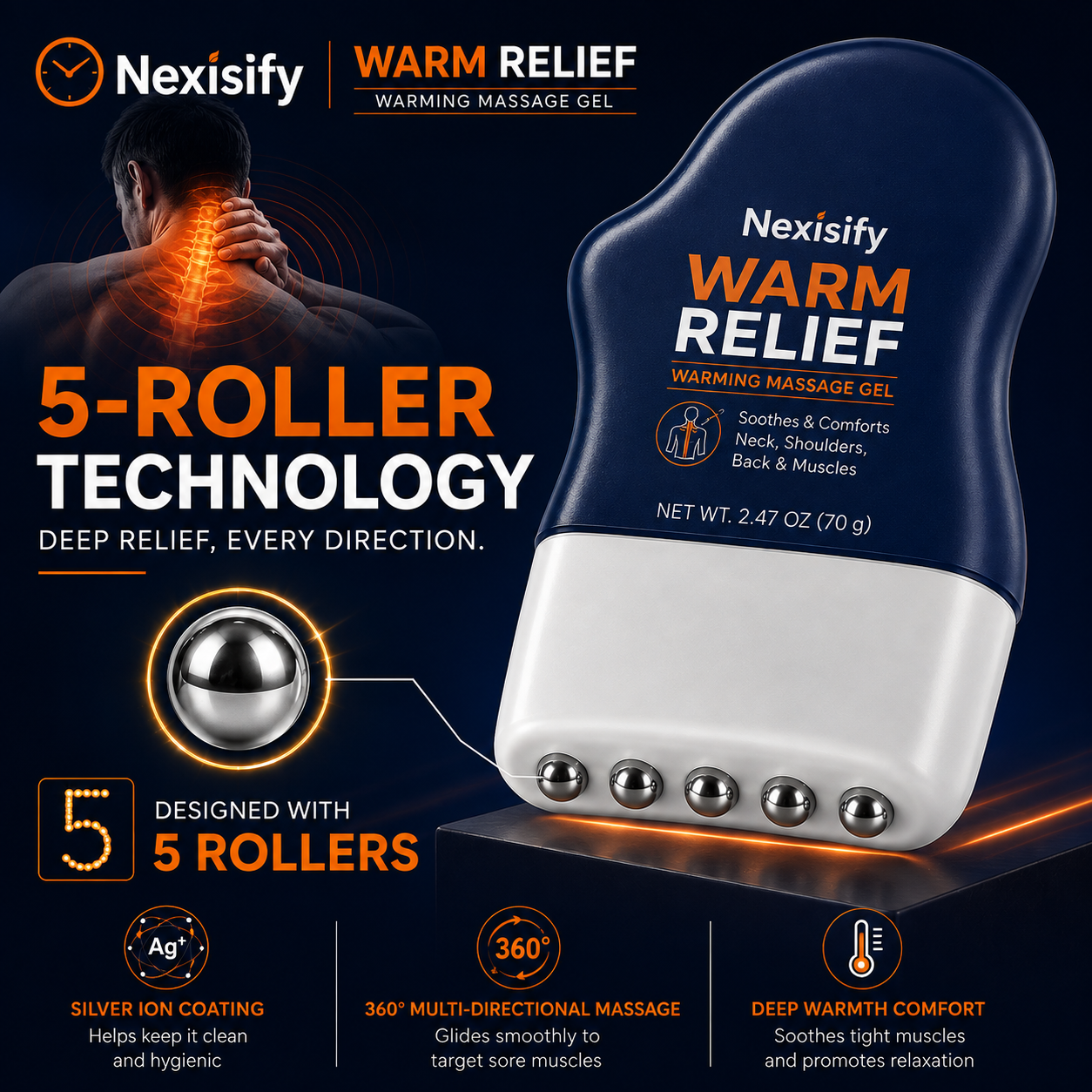 Nexisify® WARM RELIEF 3-in-1 Warming Massage Gel + 360° Roller